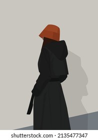 Vector flat image of a girl in a dark raincoat and bright orange panama. A sweet and charming girl in a casual outfit. Design for postcards, avatars, posters, backgrounds, templates, textiles.