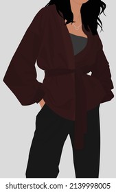 Vector flat image of a girl with dark hair. Lady in cardigan, top and pants. Design for postcards, posters, backgrounds, templates, textiles, postcards, portraits, banners.