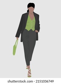 Imagen plana vectorial de una chica con el pelo oscuro. Imagen vectorial plana de una mujer en pantalones, una chaqueta y un chaleco, con un bolso y sandalias. Diseño para avatares, carteles, fondos, plantillas.