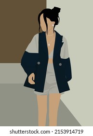 Vector flat image of a girl with dark hair in a suit. Lady in a jacket, top and shorts. Charming girl in a summer suit. Design for postcards, avatars, posters, backgrounds, templates.