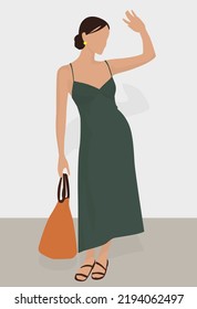 Vector flat image of a girl with dark hair. Lady in a sundress, sandals and a bag. Design for cards, avatars, backgrounds, posters, banners, textiles, templates.