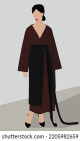 Vector flat image of a girl with dark hair in a long dress. Lady in a long dark dress. Girl in autumn-spring dress. Design for postcards, avatars, posters, backgrounds, templates.