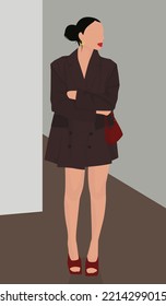 Imagen plana vectorial de una chica con una chaqueta oscura. Señora con sandalias y bolsa roja. Niña de cabello oscuro. Diseño para tarjetas, avatares, carteles, fondos, plantillas, carteles.
