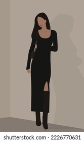 Vector flat image of a girl with dark long hair. A lady in a long dress, boots and a bag. Design for cards, avatars, posters, backgrounds, templates, banners, textiles.