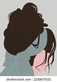 Vector flat image of a girl with dark hair. A girl with a high hairdo and a headband with a bow at the back. Design for postcards, avatars, posters, backgrounds, templates, banners, textiles.