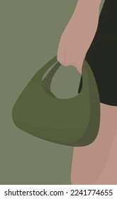 Vector flat image of a girl in a dress with a small green bag. Small green summer tote bag. Design for postcards, posters, backgrounds, templates, banners, textiles.