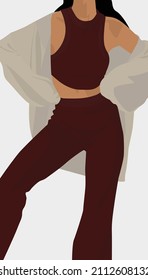 Vector flat image of a girl in a gray cardigan and a burgundy suit with pants. Lovely black haired girl. Design for postcards, posters, backgrounds, avatars, templates, textiles.