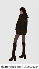 Vector flat image of a girl in high boots, a jacket and a handbag. Charming lady. Design for postcards, posters, backgrounds, templates, avatars, textiles.
