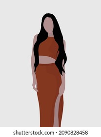 Vektorflaches Bild eines Mädchens mit langen, schwarzen Haaren auf einer Oberseite und einem langen Rock mit einem Ausschnitt. Süße Dame im Sommerkleid. Design für Postkarten, Avatare, Textilien, Vorlagen.