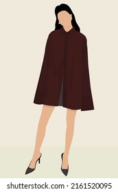 Imagen plana vectorial de una niña con una camisa y falda de borgoña. Señora con el pelo oscuro en tacones. Diseño para postales, avatares, postales, fondos, plantillas, textiles, banners.