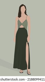 Vector flat image of a girl in a long dress. Dark-haired girl in a green summer dress. Design for postcards, avatars, posters, backgrounds, templates, textiles, banners.