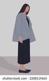 Imagen plana vectorial de una chica con el pelo largo. Dama con un vestido largo y oscuro, cardigan y holandeses. Diseño para postales, avatares, afiches, fondos, plantillas, textiles, banners.