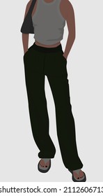 Vector flat image of a girl in pants, a T-shirt, sandals and a bag. Cute girl in summer dress. Design for postcards, posters, backgrounds, templates, textiles, avatars.