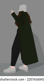 Vektorflaches Bild eines Mädchens in einem Schal. Dame mit fließendem Haar. Mädchen in einem Kardigan, Hosen und Turnschuhe. Design für Karten, Avatare, Poster, Hintergründe, Vorlagen, Banner.