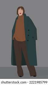 Imagen plana vectorial de una chica con el pelo castaño corto. Señora con un abrigo suelto, pantalones y un suéter. Diseño para postales, avatares, afiches, fondos, plantillas, banners, textiles.