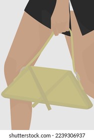 Imagen plana vectorial de una niña con falda corta. Una chica caminando por la calle con una pequeña bolsa verde claro. Diseño para postales, carteles, fondos, plantillas, carteles, textiles.