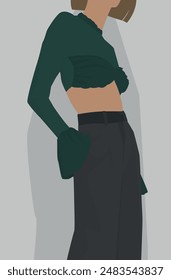 Vektorgrafik flaches Bild eines Mädchens mit kurzem, leichtem Haar. Dame in einer kurzen dunkelgrünen Bluse und graue Hose. Design für Avatare, Poster, Hintergründe, Vorlagen, Banner.
