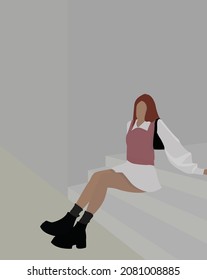 Vector flat image of a girl sitting on the steps. Lady in boots, skirt, shirt and vest with a black bag. Design for postcards, posters, avatars, templates, cartoons.