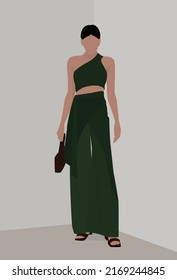 Vector flat image of a girl in a summer green suit. Lady in top and loose pants. Design for postcards, avatars, posters, backgrounds, templates, textiles, portraits.