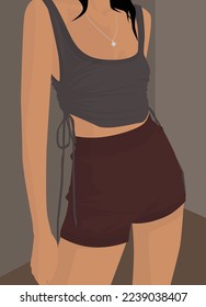 Vector flat image of a girl in summer clothes. A woman in a tank top and shorts. Attractive girl. Design for postcards, posters, backgrounds, templates, banners, textiles, avatars.