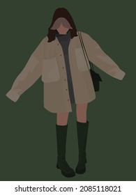 Vector flat image of a girl in a sweater, coat, long boots, with a bag. Lady in a modern autumn-spring outfit. Design for cards, avatars, posters, backgrounds, templates, textiles.