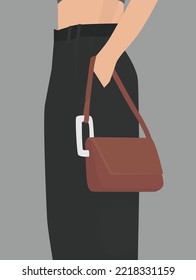 Vector flat image of a girl in a top and pants. A girl with a brown bag and hands in her pockets. Design for cards, backgrounds, templates, banners, textiles, screensavers.