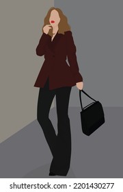 Vector flat image of a girl in a trouser suit. Model with a bag in autumn clothes. Design for cards, avatars, posters, backgrounds, templates, textiles, banners, posters.