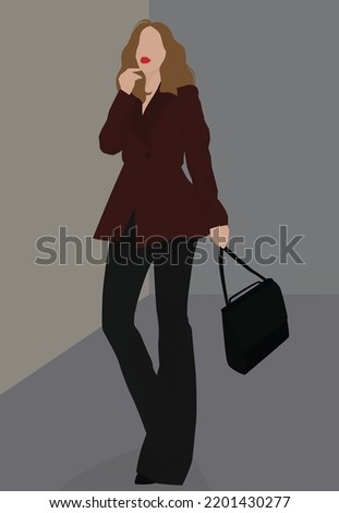 Vector flat image of a girl in a trouser suit. Model with a bag in autumn clothes. Design for cards, avatars, posters, backgrounds, templates, textiles, banners, posters.