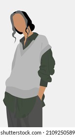 Vector flat image of a girl in a vest, shirt and pants. Young attractive girl with dark hair. Design for postcards, posters, backgrounds, avatars, templates, textiles.