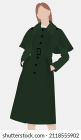 Vector flat image of a girl in a warm green coat. A lovely young lady with blonde hair. Girl in a retro coat. Design for postcards, posters, backgrounds, avatars, templates, textiles.