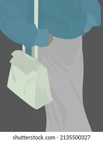 Vector flat image of a girl with a white bag, gray skirt and blue sweaters. A lovely young lady in a beautiful dress. Design for postcards, posters, backgrounds, templates, textiles, avatars.