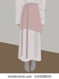 Vector flat image of a girl in a white and pink skirt and gray boots. Young attractive lady on a light background. Design for postcards, posters, backgrounds, avatars, templates, textiles, portraits.