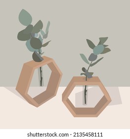 Vector flat image of green branches in a vase in the form of a rhombus made of wood. Figured original vases. Design for postcards, posters, backgrounds, templates, textiles.