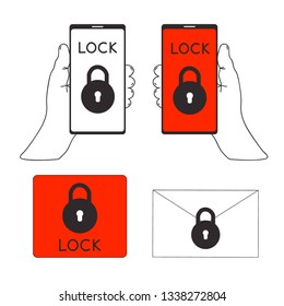 Vector - Flat image. Hand holding mobile or smart phone with lock symbol on screen. E-mail lock. Can be use for icon, advertising, banner, brochure or web. - Vector