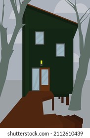Vector flat image of a house among the trees. Dark green house with a wooden walkway and a small forest. Two-storey house. Design for postcards, posters, backgrounds, templates, textiles.