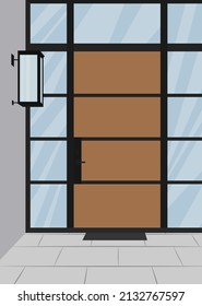 Vector flat image of a house porch with a wooden door and large windows. Door and lamp. Design for postcards, posters, backgrounds, templates, textiles.