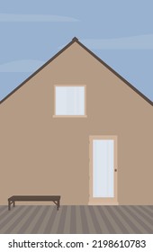 Vector Flat Image Of A House With Porches. Light House With A Window And A Door. Dark Shop On The Porch. Design For Postcards, Posters, Backgrounds, Templates, Banners, Textiles.