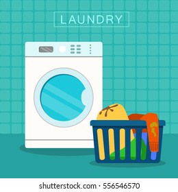  Vector Flat image icon of loundry basket with dirty clothes with Washer