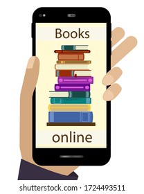 Imagen plana vectorial, ilustración de biblioteca en línea, lectura de libros a través de Internet, smartphone en mano. Rápido y asequible para todos.