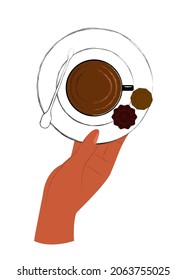 Vector flat image with an insulated hand that holds a cup of coffee with sweets. Concept morning, beginning of day, coffee, energy, sweets. You can use the element in web design, banners, etc.