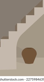 Imagen plana vectorial de una escalera con un jarrón en el fondo. Gran jarrón vacío. Ilustración para postales, carteles, carteles, fondos, plantillas.