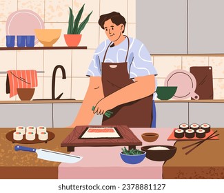 Vector flat image for making homemade sushi. Cook japanese food at home illustration. Asia culinary kitchen with board and sticks. Man cooking roll for dinner. Cuisine and meal, japan nutrition