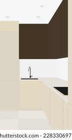 Vector flat image of a modern kitchen. A minimalist kitchen with dark tops and light bottoms. Design for posters, backgrounds, templates, banners, textiles, postcards.