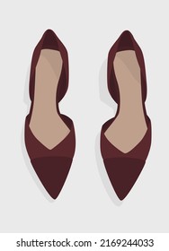 Vector flat image of open women's branded ballet flats. Summer ballerinas of open type. Burgundy shoes. Design for postcards, posters, backgrounds, templates, textiles.