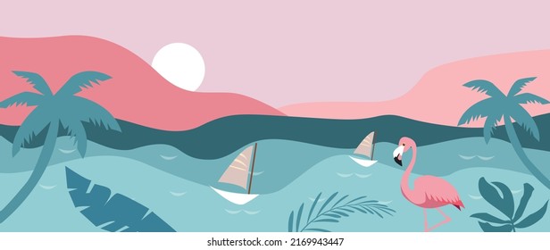 Vector flat image. Panorama of the sea and the beach. The picture shows the sea, sails, tropical leaves and sunset. Ideal for a post or summer sale banner.