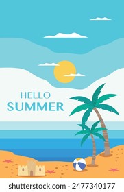 Vector flat image. Poster with the sea and the beach. Relaxation concept. Perfect for a summer sale post or banner.