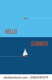 Vector flat image. Poster with sea and sky. The concept of relaxation. Perfect for a summer sale post or banner.