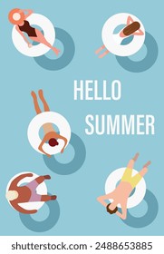 Vector flat image. Poster with swimming pool. People swimming in an inflatable circle. The concept of relaxation. Perfect for a summer sale post or banner.