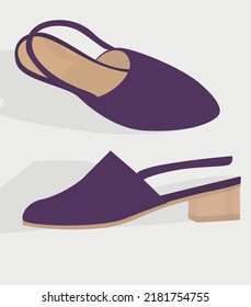 Vector flat image of purple mules. Shoes for cold summer. An elegant pair of women's shoes. Design for backgrounds, templates, banners, postcards, textiles.