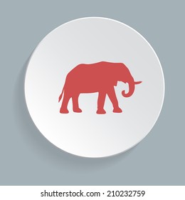 Vector flat image of an red elephant silhouette on the white round background with shadow. Mascot, ivory, tusk, bone. Concept of huge animal, mammal in safari, thai, india, asia